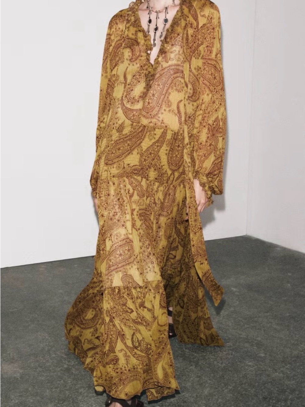Zara Sheer Paisley Tiered Maxi Dress Olive Brown Women Long Sleeve M Boho Chic
